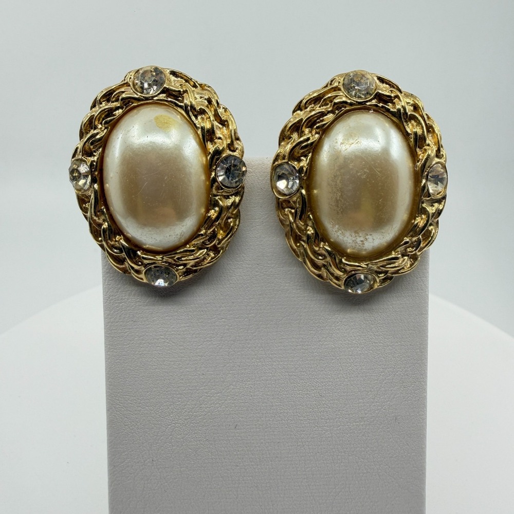 Vintage Glamour Statement Faux Pearl Clip On Earrings Gold Tone Crystal Accents